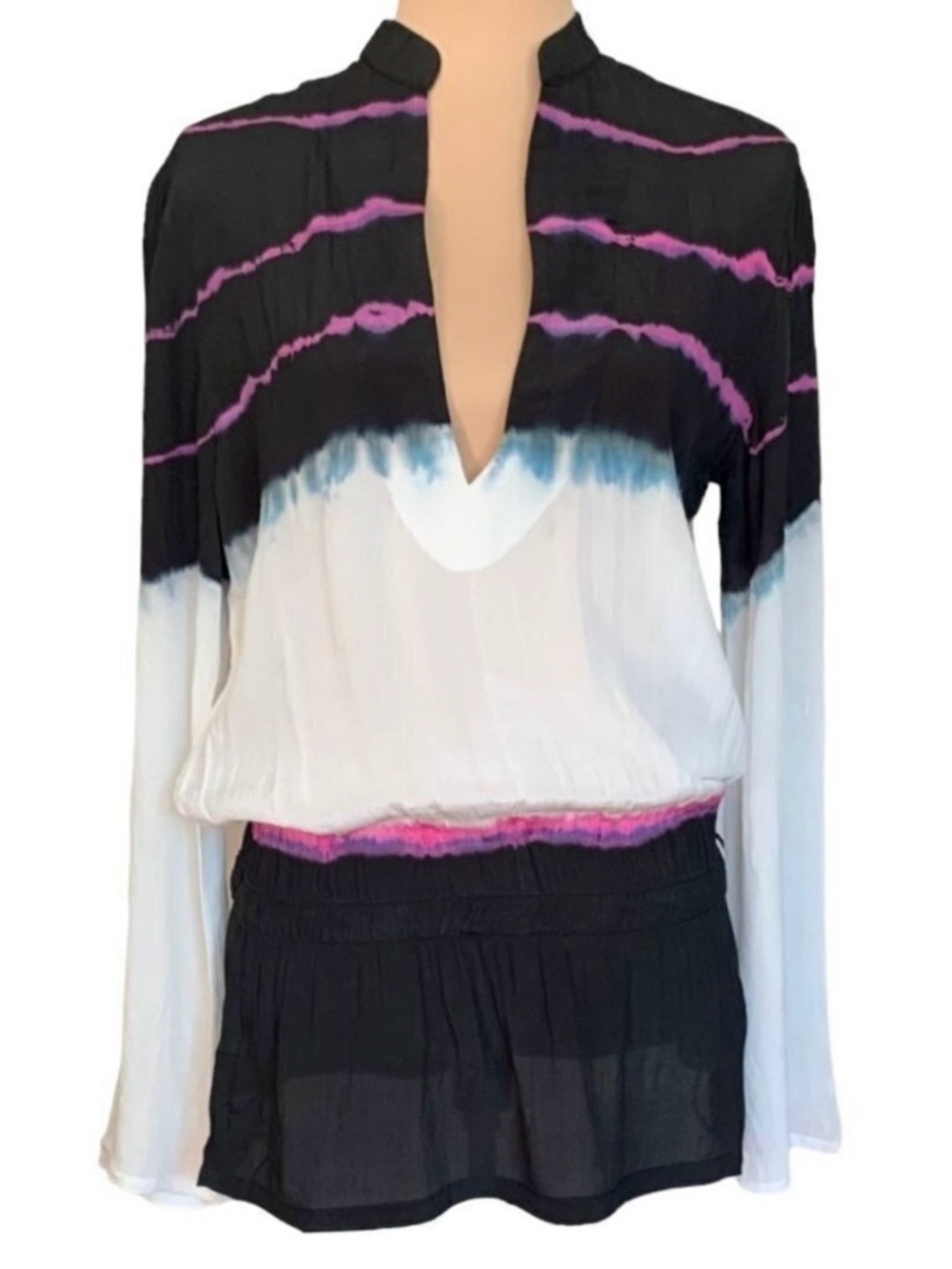 NWT MONIQUE LESHMAN Silk Tunic Top Sz.M White Black Pink Tie Dye Beach Cover-Up